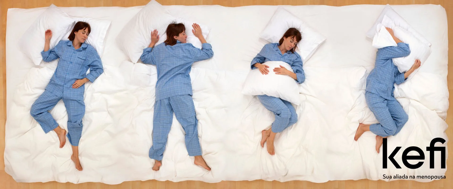 Mulher enfrentando dificuldades para dormir durante a menopausa, alternando posições na cama em busca de conforto. A imagem demonstra diferentes estágios de insônia comumente experimentados durante essa fase da vida. O logo da Kefi está presente, posicionando a marca como uma aliada na menopausa.