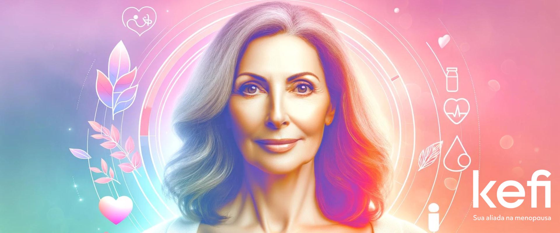 Imagem de capa de do artigo sobre climatério e menopausa. Apresenta uma mulher de meia-idade confiante e relaxada, com um fundo em tons pastéis que simbolizam calma e transição. Ícones sutis de saúde e bem-estar, como folhas, corações e símbolos de vitaminas, estão ao redor da imagem. O logo da Kefi - Sua aliada na menopausa está posicionado no canto inferior direito.