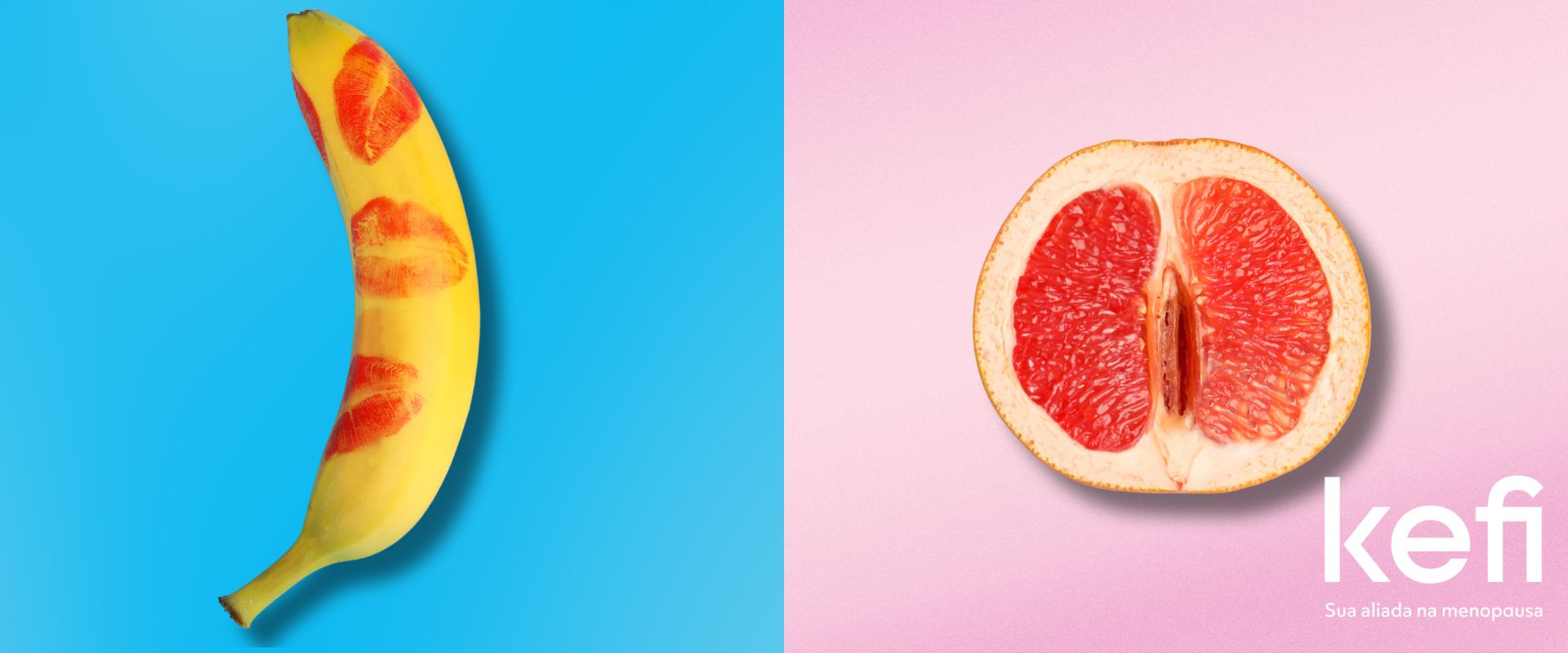 Imagem de capa para o artigo 'É possível sentir prazer na menopausa?' no blog da Kefi. A imagem apresenta uma banana com marcas de batom vermelho à esquerda e uma toranja cortada ao meio à direita, simbolizando a sexualidade feminina. O fundo é dividido em azul e rosa com o logo da Kefi e a frase 'Sua aliada na menopausa' no canto inferior direito.